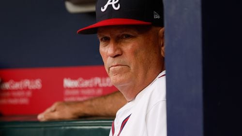 Braves manager Brian Snitker (43) looks at the field before the Braves faced the Miami Marlins at Truist Park on Thursday, August 1, 2024, in Atlanta. 

(Miguel Martinez/ AJC)