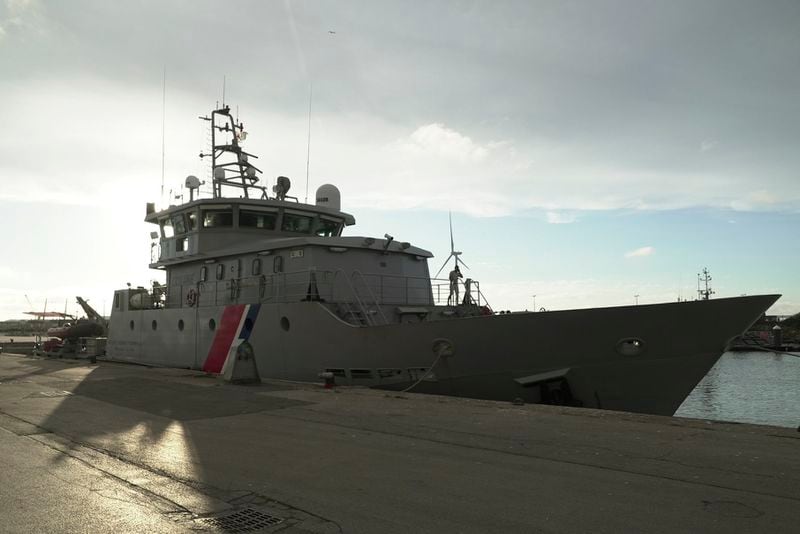 A view of one of the vessels from the French Gendarmerie Nationale in the port of Boulogne-Sur-Mer, France, Tuesday, Sept. 3, 2024, after participating in the rescue operation after a boat carrying migrants ripped apart attempting to cross the English Channel. (AP Photo/Nicolas Garriga)