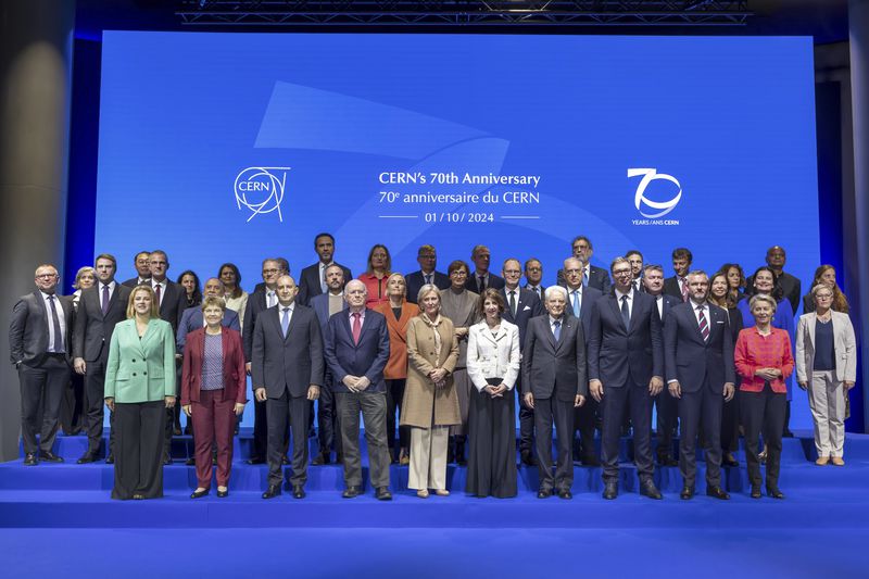 Heads of states and members of the delegations pose for a family photo on the occasion of the celebration of CERN's 70th anniversary, at the European Organization for Nuclear Research (CERN), in Meyrin near Geneva, Switzerland, Tuesday, Oct. 1, 2024. (Salvatore Di Nolfi/Keystone via AP)