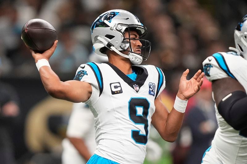 Carolina Panthers quarterback Bryce Young (9) looks to throw a pass during the first half of an NFL football game against the New Orleans Saints, Sunday, Sept. 8, 2024, in New Orleans. (AP Photo/Gerald Herbert)