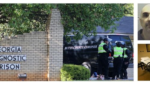 A coroner's van pulls into the Georgia Diagnostic and Classification Prison in preparation for an execution in April 2016. At right are images of Steven F. Spears, who was scheduled to die on Wednesday. (Prison photo: Ben Gray / bgray@ajc.com; mugshot: state Department of Corrections; interior of death chamber: AJC file)
