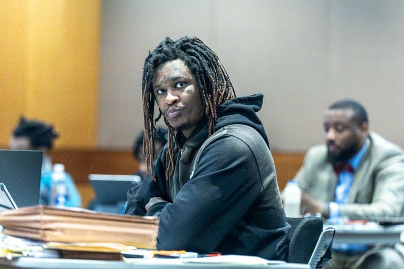 Atlanta rapper Young Thug listens to the jury selection in the “Young Slime Life” gang case at the Fulton County Courthouse Tuesday, Sept. 26, 2023. (Steve Schaefer/steve.schaefer@ajc.com)