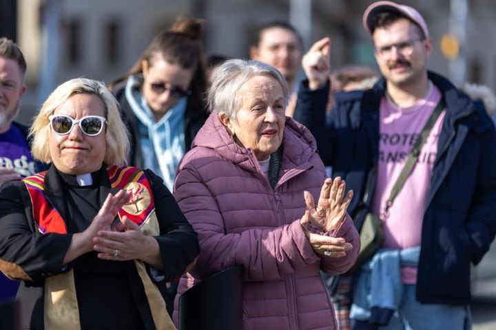State Sen. Nan Orrock, D-Atlanta, attends a rally against SB 140 outside the Capitol in Atlanta on Monday, March 20, 2023. SB 140 would prevent medical professionals from giving transgender children certain hormones or surgical treatment. (Arvin Temkar / arvin.temkar@ajc.com)