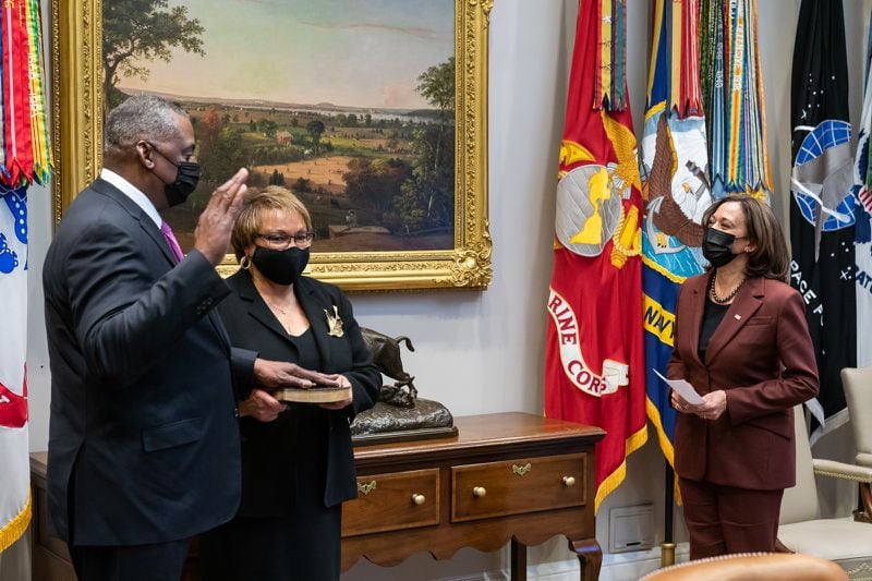 Vice President Kamala Harris swears in Lloyd Austin III as secretary of defense Monday, Jan. 25, 2021, in the Roosevelt Room of the White House. Austin has said that ridding the military of racists and extremists will be a top priority. (Lawrence Jackson / White House)