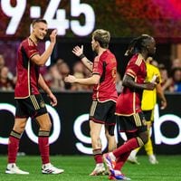 Atlanta United defender Stian Rode Gregersen #5 celebrates with teammates after a goal during the second half of the match against the Columbus Crew at Mercedes-Benz Stadium in Atlanta, GA on Saturday July 20, 2024. (Photo by Mitch Martin/Atlanta United)