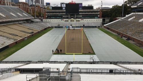 The center of Bobby Dodd Stadium's natural grass field was replaced with new sod on November 11-12, 2019 to prepare for three games in consecutive weeks. (Ken Sugiura/AJC)