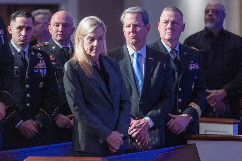 Gov. Brian Kemp and First Lady Marty Kemp were among scores of mourners who attended the memorial service Tuesday for Staff Sgt. William Jerome Rivers at Tabernacle Baptist Church.  (Steve Schaefer/steve.schaefer@ajc.com)