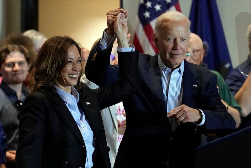 Democratic presidential nominee Vice President Kamala Harris and President Joe Biden attend a campaign event at the IBEW Local Union #5 union hall in Pittsburgh, on Labor Day, Monday, Sept. 2, 2024. (AP Photo/Jacquelyn Martin)