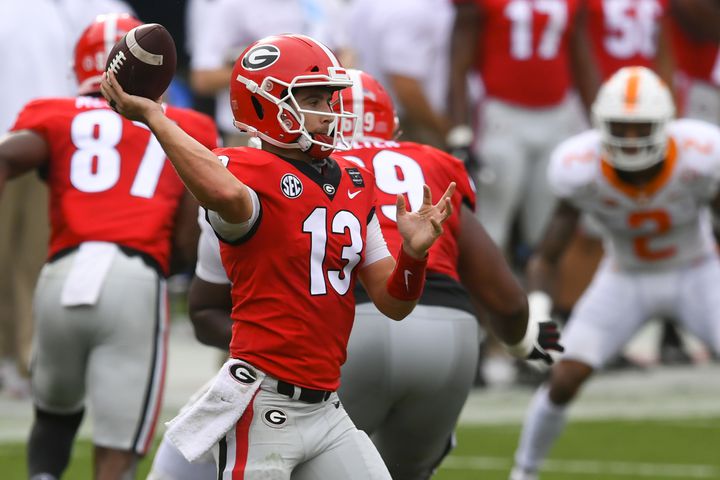 Georgia quarterback Stetson Bennett  passes against Tennessee during the first half of a football game Saturday, Oct. 10, 2020, at Sanford Stadium in Athens. JOHN AMIS FOR THE ATLANTA JOURNAL- CONSTITUTION