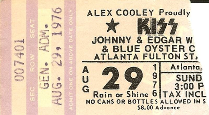 A ticket stub from a 1976 KISS concert at Atlanta Fulton Stadium. Courtesy: www.alexcooley.com.