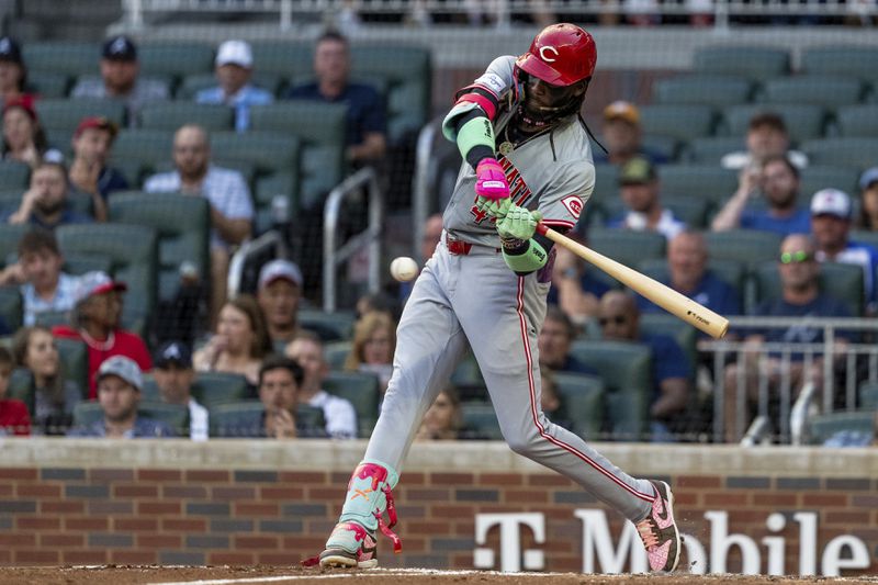 Cincinnati Reds' Elly De La Cruz swings for a called strike in the third inning of a make-up baseball game against the Atlanta Braves, Monday, Sept. 9, 2024, in Atlanta. (AP Photo/Jason Allen)