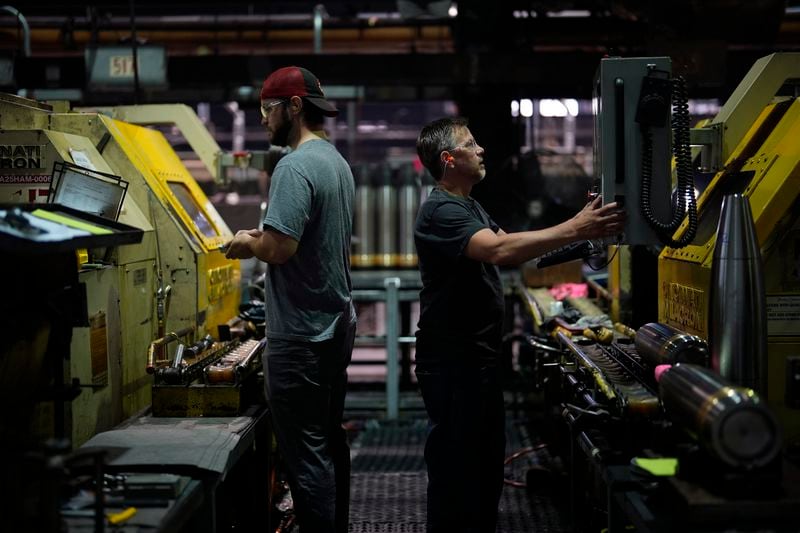 Steel workers manufactures 155 mm M795 artillery projectiles at the Scranton Army Ammunition Plant, Tuesday, Aug. 27, 2024, in Scranton, Pa. (AP Photo/Matt Slocum)