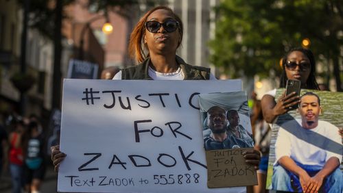 05/25/2021 — Atlanta, Georgia — Attorney Hahnah Williams, sister of Matthew Zadok Williams, participates in a  rally and march to Liberty Plaza outside of the Georgia State Capitol Building in Atlanta, Tuesday, May 25, 2021. Demonstrators paid tribute to George Floyd and other local people shot and killed in police-involved murders.   (Alyssa Pointer / Alyssa.Pointer@ajc.com)