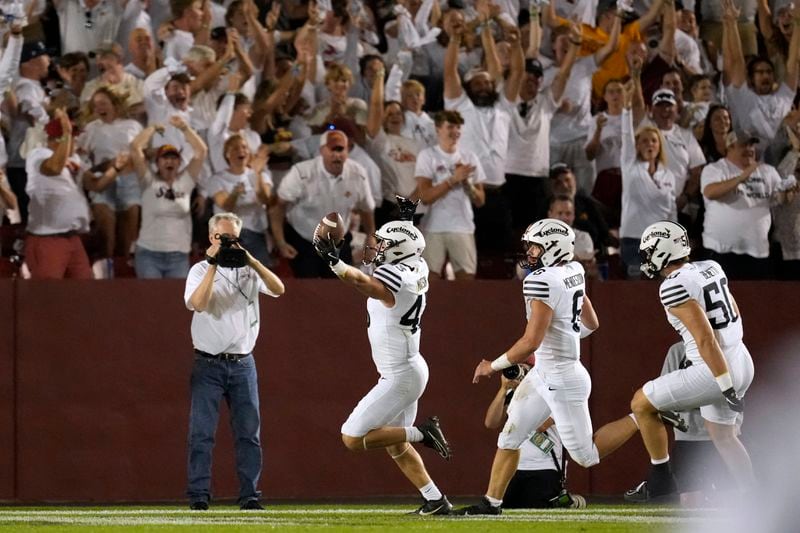 Iowa State defensive back Caden Matson (43) celebrates after scoring a touchdown on a blocked punt during the first half of an NCAA college football game against Baylor, Saturday, Oct. 5, 2024, in Ames, Iowa. (AP Photo/Charlie Neibergall)