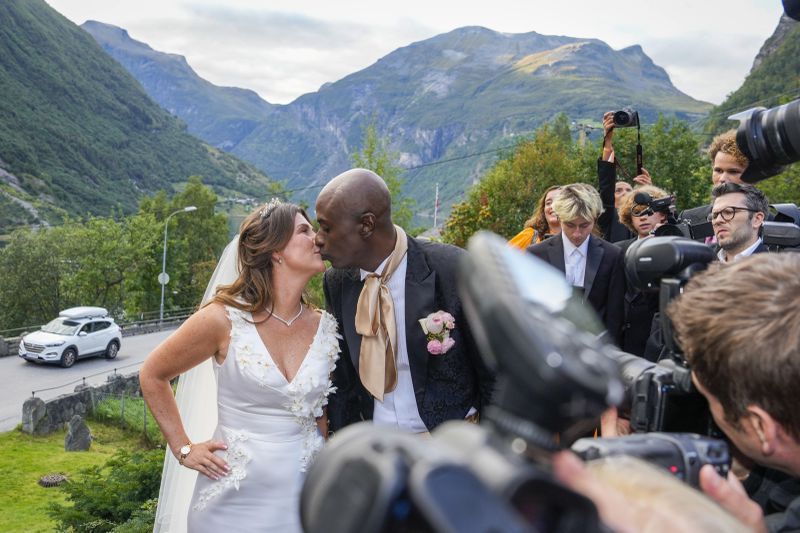 Norway's Princess Martha Louise and Durek Verrett arrive for their wedding party, in Geiranger, Norway, Saturday Aug. 31, 2024. (Cornelius Poppe/NTB via AP)