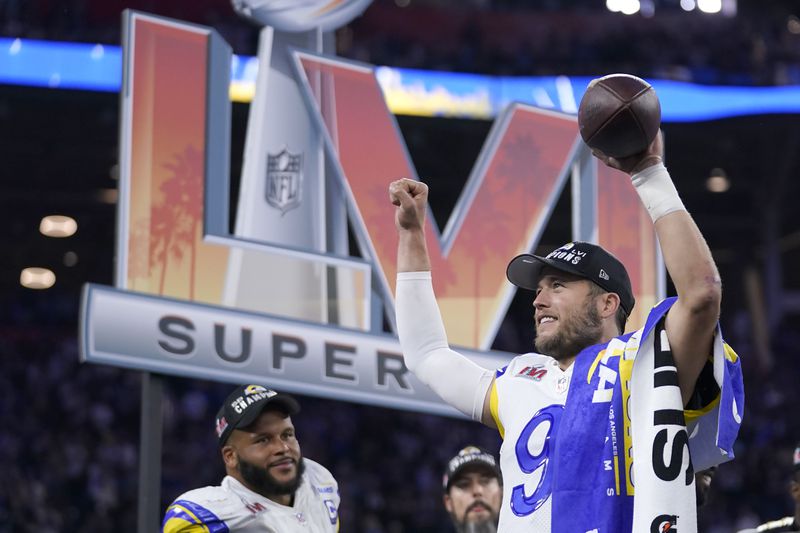 Los Angeles Rams quarterback Matthew Stafford celebrates after the Rams defeated the Cincinnati Bengals in Super Bowl 56 on Sunday, Feb. 13, 2022, in Inglewood, Calif. (AP Photo/Marcio Jose Sanchez)