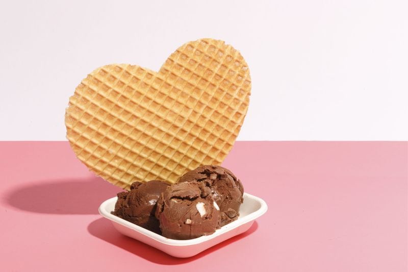 On Valentine’s Day, all Jeni’s Splendid Ice Creams shops will serve a “Study in Chocolate,” a trio of Roxbury Road, Darkest Chocolate and Milkiest Chocolate scoops crowned with a crisp, heart-shaped waffle. CONTRIBUTED BY JENI’S SPLENDID ICE CREAMS