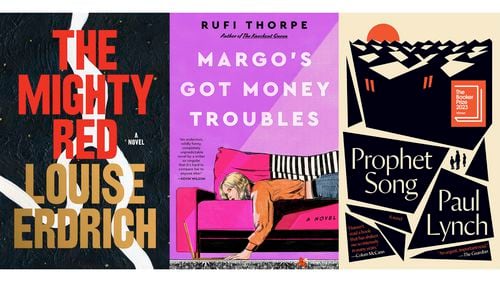 This combination of photos shows book cover images for some of the Kirkus Prize finalists "The Mighty Red" by Louis Erdrich, Rufi Thorpe's "Margo's Got Money Troubles," and "Prophet Song" by Paul Lynch. (Harper/William Morrow/Grove via AP)