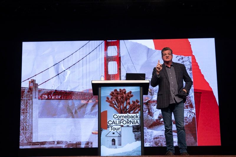 Robert Tyler speaks at a Comeback California Tour event at Revival Fellowship, Saturday, Sept. 21, 2024, in Menifee, Calif. (AP Photo/Zoë Meyers)