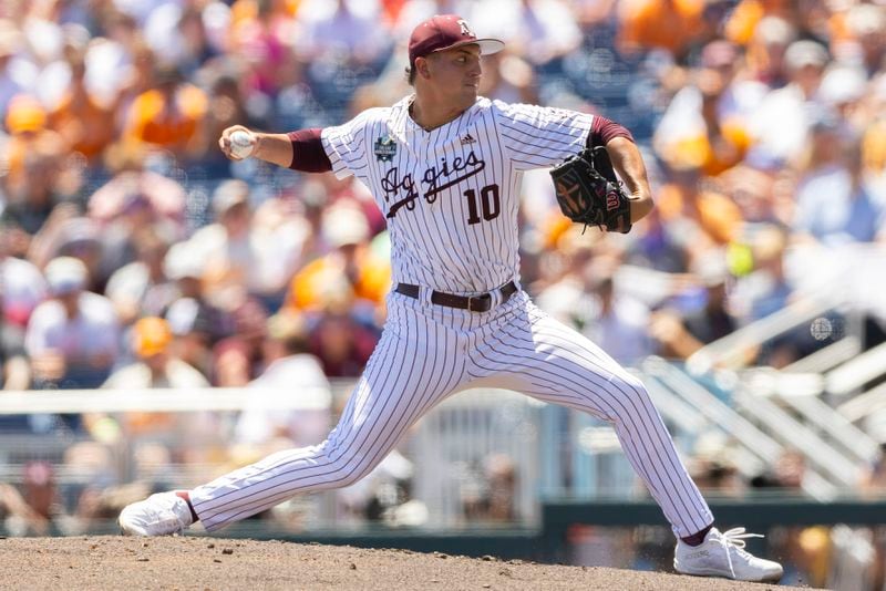 Texas A&M's Chris Cortez (10) pitches against Tennessee in the third inning of Game 2 of the NCAA College World Series baseball finals in Omaha, Neb., Sunday, June 23, 2024. (AP Photo/Rebecca S. Gratz)