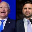 This combination of photos shows Democratic vice presidential candidate Minnesota Gov. Tim Walz, left, at the DNC on Aug. 21, 2024, in Chicago, and Republican vice presidential nominee Sen. JD Vance, R-Ohio, on Sept. 25, 2024, in Traverse City, Mich. (AP Photo)