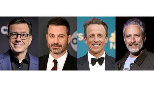 This combination of photos shows talk show hosts, from left, Stephen Colbert, Jimmy Kimmel, Seth Meyers and John Stewart. (AP Photo)