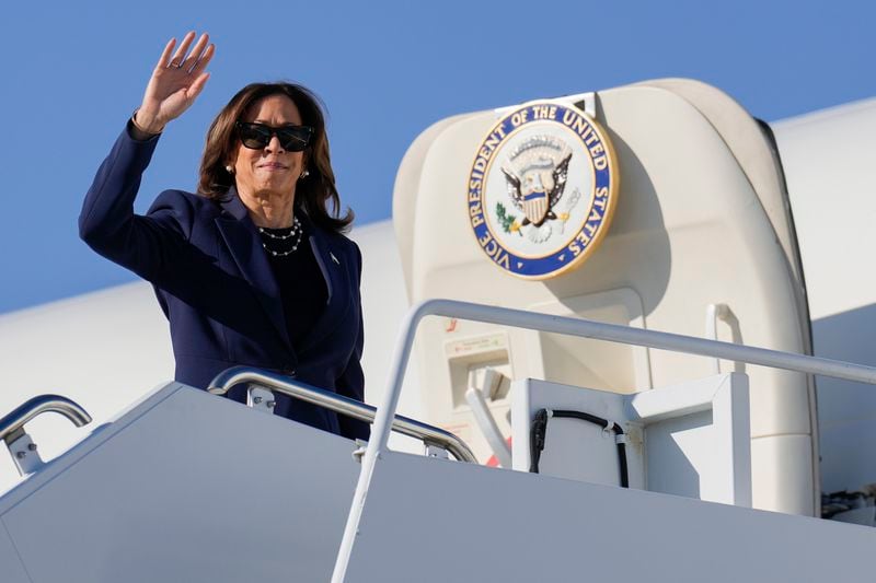 Democratic presidential nominee Vice President Kamala Harris boards Air Force Two in Las Vegas, Monday, Sept. 30, 2024, en route to Washington. (AP Photo/Carolyn Kaster)