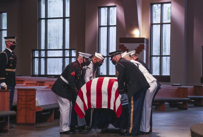 7/30/20 - Atlanta, GA -  The Honor Guard places the casket for the funeral service.  On the sixth day of the “Celebration of Life” for Rep. John Lewis, his funeral is held at Ebeneezer Baptist Church in Atlanta, with burial to follow.   Alyssa Pointer / alyssa.pointer@ajc.com