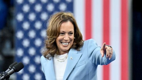 Vice President Kamala Harris speaks at a July 30 rally at Georgia State University’s convocation center in Atlanta. (Hyosub Shin/The Atlanta Journal-Constitution)