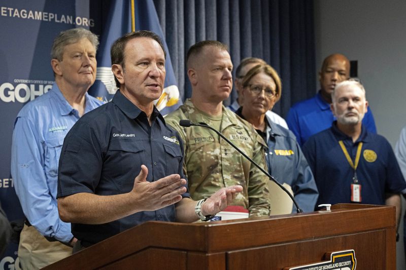 Louisiana Gov. Jeff Landry speaks during a news conference, Thursday, Sept. 12, 2024, in Baton Rouge, La., regarding the impact of Hurricane Francine on the state of Louisiana. (Hilary Scheinuk/The Advocate via AP)