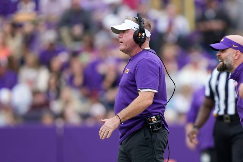 FILE - LSU head coach Brian Kelly calls out from the sideline in the second half of an NCAA college football game against Texas A&M in Baton Rouge, La., Nov. 25, 2023. (AP Photo/Gerald Herbert, File)