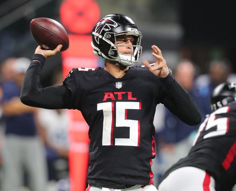 Atlanta Falcons quarterback Feleipe Franks passes against the Tennessee Titans during the fourth quarter of a NFL preseason football game on Friday, August 13, 2021, in Atlanta.   “Curtis Compton / Curtis.Compton@ajc.com”