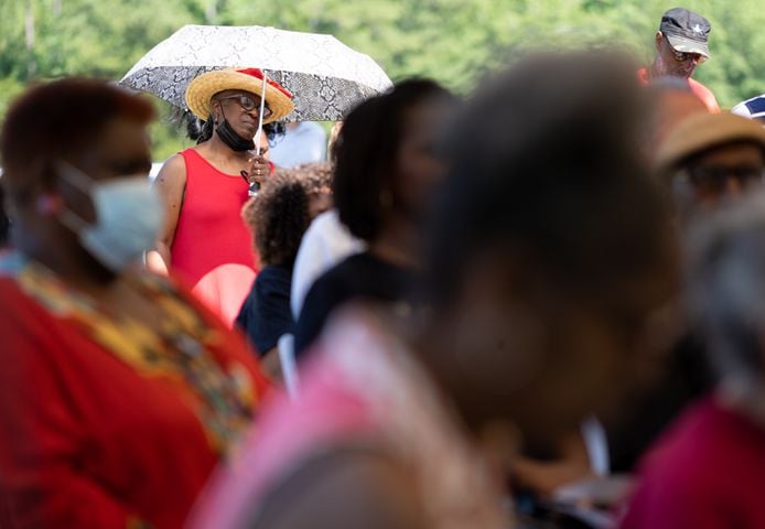 Bonita Hightower attends a Juneteenth celebration at the Pierce Chapel African Cemetery in Midland, outside of Columbus, on Monday, June 20, 2022. The cemetery was rediscovered in 2019 and work has since been done to clean, document and preserve it. Ben Gray for the Atlanta Journal-Constitution