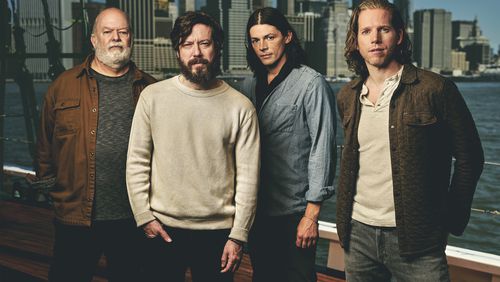 This image released by DKC/O+M shows cast members for the Broadway-bound dramatic sea tale "Swept Away," from left, Wayne Duvall, John Gallagher, Jr., Adrian Blake Enscoe, Stark Sands (Giles Clement. /DKC/O+M via AP)