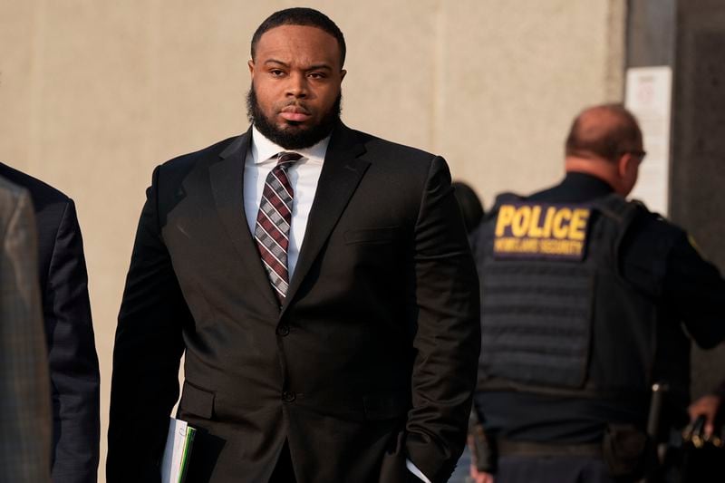 Former Memphis police officer Demetrius Haley leaves the federal courthouse after the first day of jury selection of the trial in the Tyre Nichols case Monday, Sept. 9, 2024, in Memphis, Tenn. (AP Photo/George Walker IV)