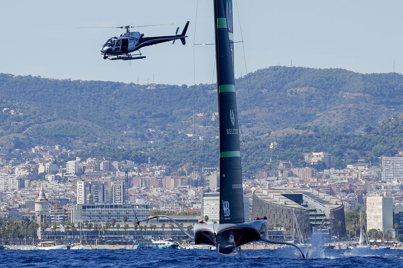 Ineos Britannia's AC75 boat sails during a semi-final America's Cup Regatta ahead of the 37th America's Cup sailing race along the Barcelona's coast, Spain, Saturday, Sep. 14, 2024. (AP Photo/Joan Monfort)