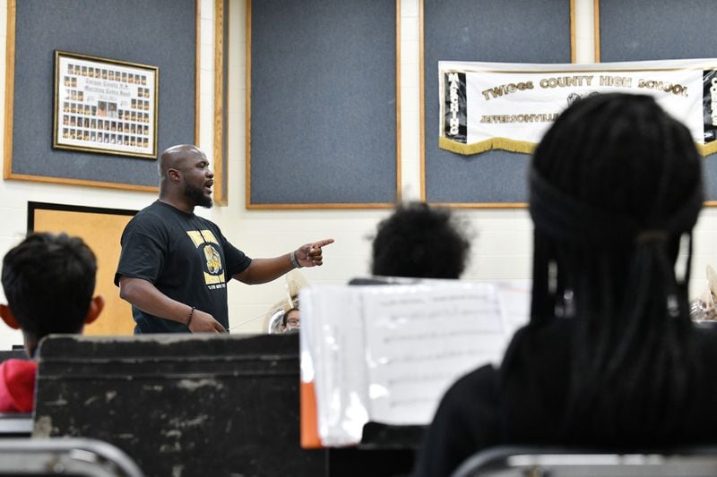 Twiggs County High School band director Ernest Stackhouse at recent band practice at the school in Jeffersonville. (Hyosub Shin / AJC)