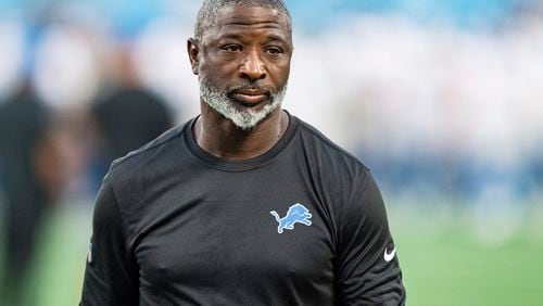 Detroit Lions defensive coordinator Aaron Glenn looks on before a preseason NFL football game against the Carolina Panthers Friday, Aug. 25, 2023, in Charlotte, N.C. (AP Photo/Jacob Kupferman)