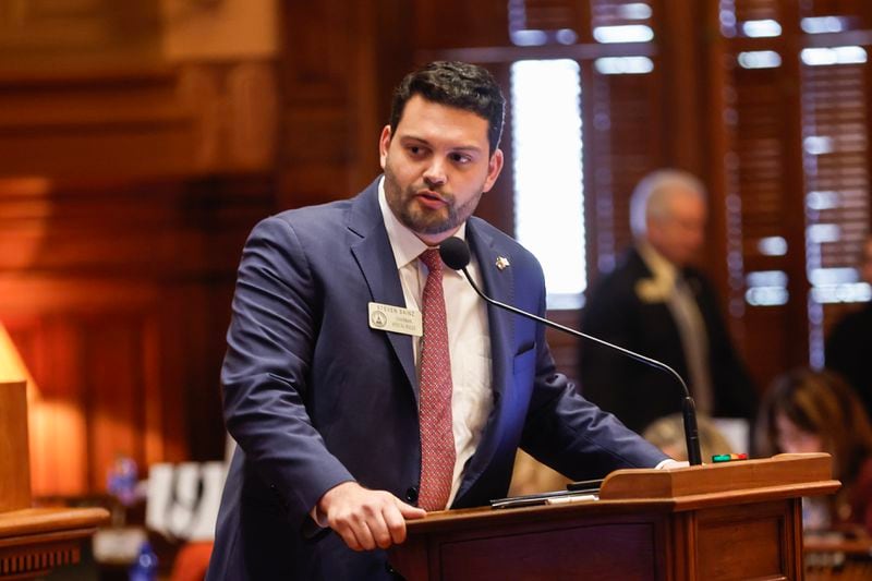 Rep. Steven Sainz, R-St. Mary’s, speaks in favor of House Resolution 1019 on Day 20 of the legislative session at the Georgia State Capitol on Tuesday, Feb. 13, 2024. The legislation would  support increased protections for the U.S. border. (Natrice Miller/ Natrice.miller@ajc.com)