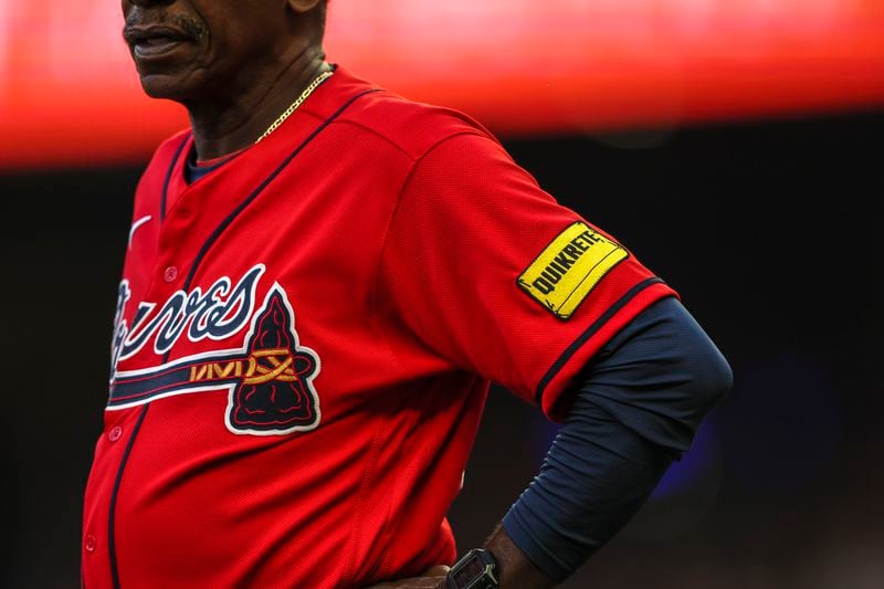 A Quikrete patch is shown on the uniform of Atlanta Braves third base coach Ron Washington during the third inning of the Braves’ game against the Seattle Mariners at Truist Park, Friday, May 19, 2023, in Atlanta. Braves won 6-2. (Jason Getz / Jason.Getz@ajc.com)
