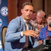 Georgia quarterback Carson Beck speaks during SEC Media Days on Tuesday, July 16, 2024, in Dallas. (AP Photo/Jeffrey McWhorter)