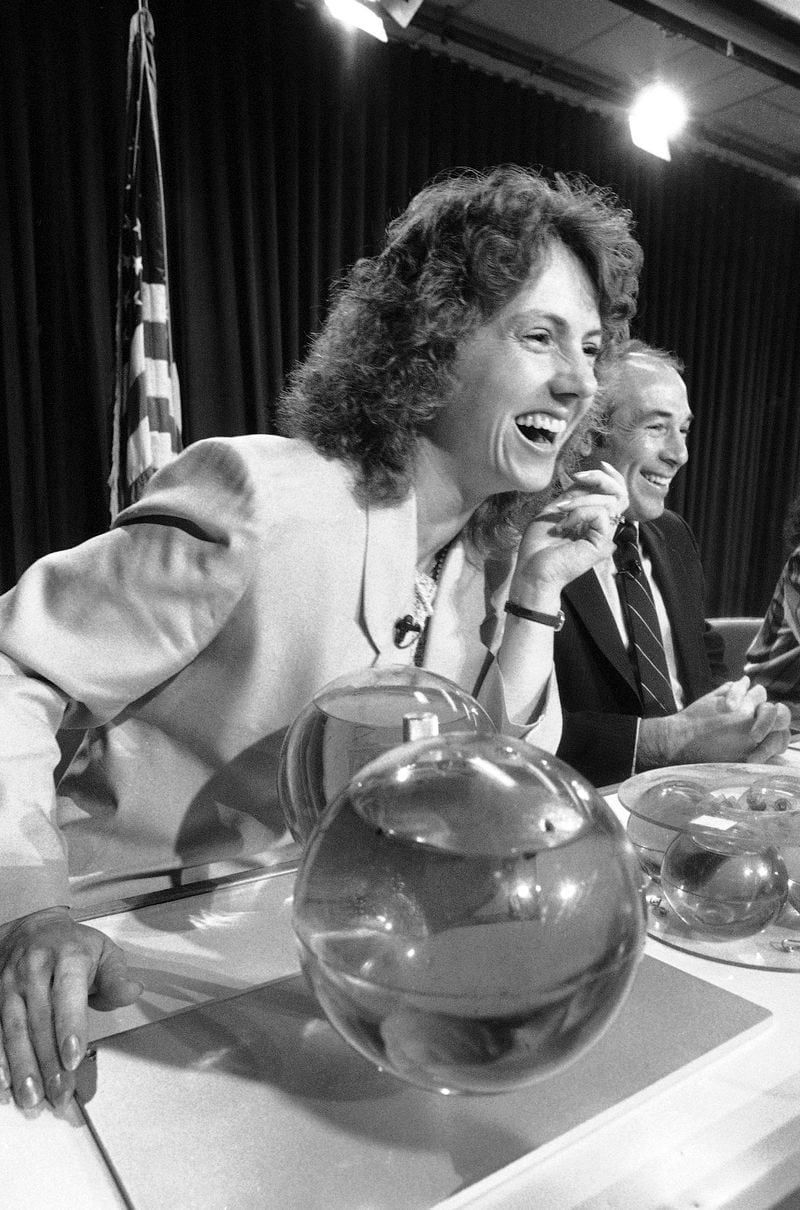 FILE - Space teacher Christa McAuliffe responds to a question at a press conference at the Johnson Space Center in Houston, Texas, Dec. 13, 1985. (AP Photo/R.J. Carson, File)