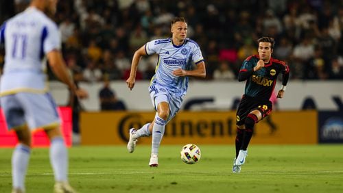 Atlanta United defender Stian Rode Gregersen #5 dribbles during the first half of the match against the Los Angeles Galaxy at Dignity Health Sports Park in Carson, CA on Saturday August 24, 2024. (Photo by Michael Owens/Atlanta United)