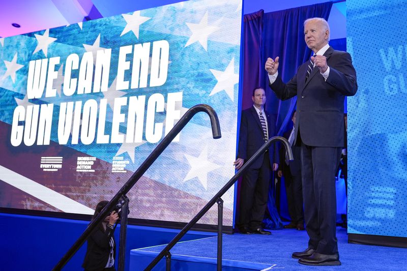 FILE - President Joe Biden gestures after speaking to Everytown for Gun Safety Action Fund's "Gun Sense University," at the Washington Hilton, June 11, 2024, in Washington. More than 500 people have been charged with federal crimes under new firearms trafficking and straw purchasing laws that are part of the landmark gun safety legislation President Joe Biden signed two years ago Tuesday. Some of the people were linked to transnational cartels and organized crime. That's according to a White House report obtained by The Associated Press. (AP Photo/Evan Vucci, File)