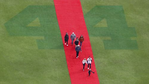 11/5/21 - Atlanta -   Freddie Freeman and other 2021 World Series champion Braves players walk the red carpet to the stage at Truist Park on Friday, Nov. 5, 2021 after the parade into to Truist Park in Cobb County.    Curtis Compton / Curtis.Compton@ajc.com 