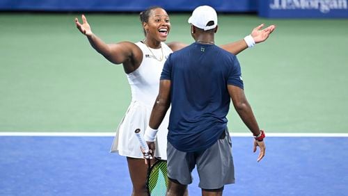 Taylor Townsend and Donald Young hug after their mixed doubles semifinal match at the 2024 US Open on Tuesday, Sept. 3, 2024 in Flushing, NY.