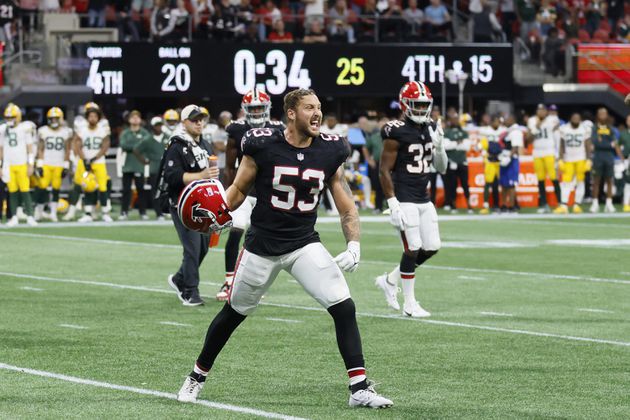 Atlanta Falcons linebacker Nate Landman (53) races after the f=Falcons took position of the ball in the last seconds of the game. The Falcons rallied from behind to beat the Green Bay Packers 25-24 at Mercedes-Benz Stadium on Sunday, Sept. 17, 2023, in Atlanta.  Miguel Martinz/miguel.martinezjimenez@ajc.com