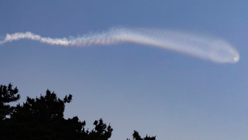 Contrails believed to be created by a North Korean missile are observed over seas off Yeonpyeong Island, South Korea, Wednesday, June 26, 2024. A suspected hypersonic missile launched by North Korea exploded in flight on Wednesday, South Korea's military said, a development that comes as North Korea is protesting the regional deployment of a U.S. aircraft carrier for a trilateral military drill with South Korea and Japan. (Kim Do-hoon/Yonhap via AP)