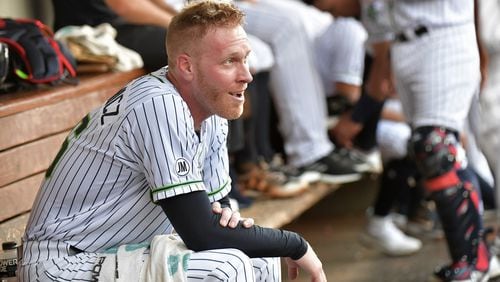 Gwinnett Stripers pitcher Mike Foltynewicz smiles in the dugout in the third inning against the Indianapolis Indians at Coolray Field on Saturday, June 29, 2019. (Hyosub Shin / Hyosub.Shin@ajc.com)
