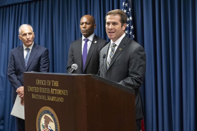 From right, William J. DelBagno, special agent in charge of the FBI Baltimore Field Office, speaks during a news conference next to Erek L. Barron, US attorney for the District of Maryland and Matthew G. Olsen, assistant attorney general for national security at the Office of the United States Attorney in Baltimore, Thursday,Sept. 5, 2024. (AP Photo/Stephanie Scarbrough)